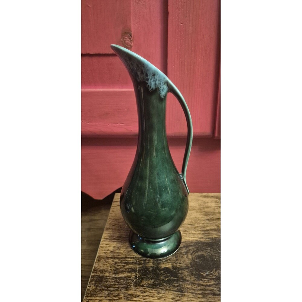 Vintage Mid Century Modern Green Drip Glaze Ceramic Ewer Pitcher Vase USA Mark